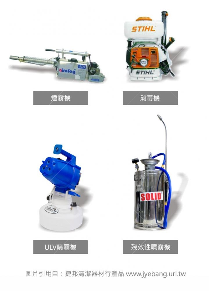 滅蚊噴藥器具類型有ULV噴霧機、煙霧機、殘效性噴霧機及消毒機 ,本圖引用自http://www.jyebang.url.tw/。 滅蚊噴藥器具類型有ULV噴霧機、煙霧機、殘效性噴霧機及消毒機 ,本圖引用自http://www.jyebang.url.tw/。