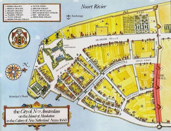 新阿姆斯特丹時期地圖,紅色範圍為現今華爾街。(圖片引用自http://www.newyorkdutch.com) 新阿姆斯特丹時期地圖,紅色範圍為現今華爾街。(圖片引用自http://www.newyorkdutch.com)