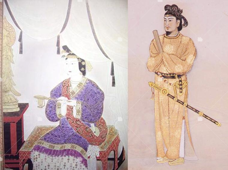 (左圖)推古天皇,圖片引用自維基百科,據《日本書紀》記載,推古天皇姿色美豔,舉止端莊。(右)聖德太子,圖片引用自日本四天王寺官網,「絵堂」中杉本賢吉所畫的聖徳太子。